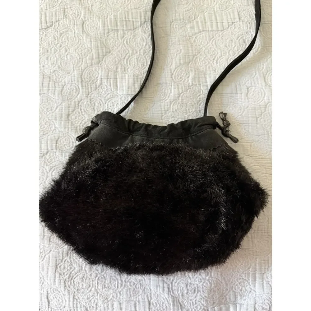 VTG 00s Y2K‎ Dennis Basso Faux Fur Shoulder Crossbody Bucket Bag Leather Black